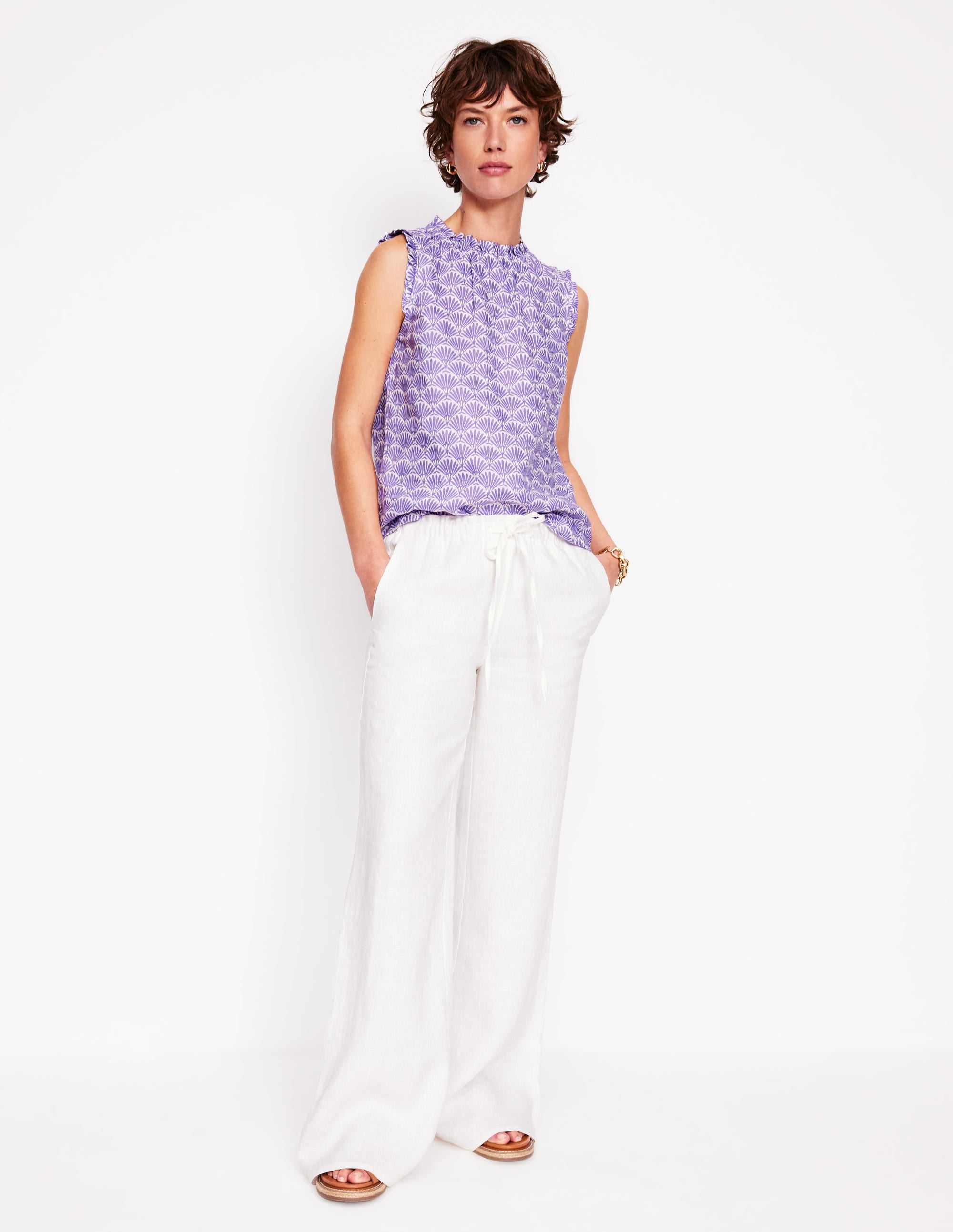 Sophie Ruffle Linen Top-Purple, Deco Palm - Image 2