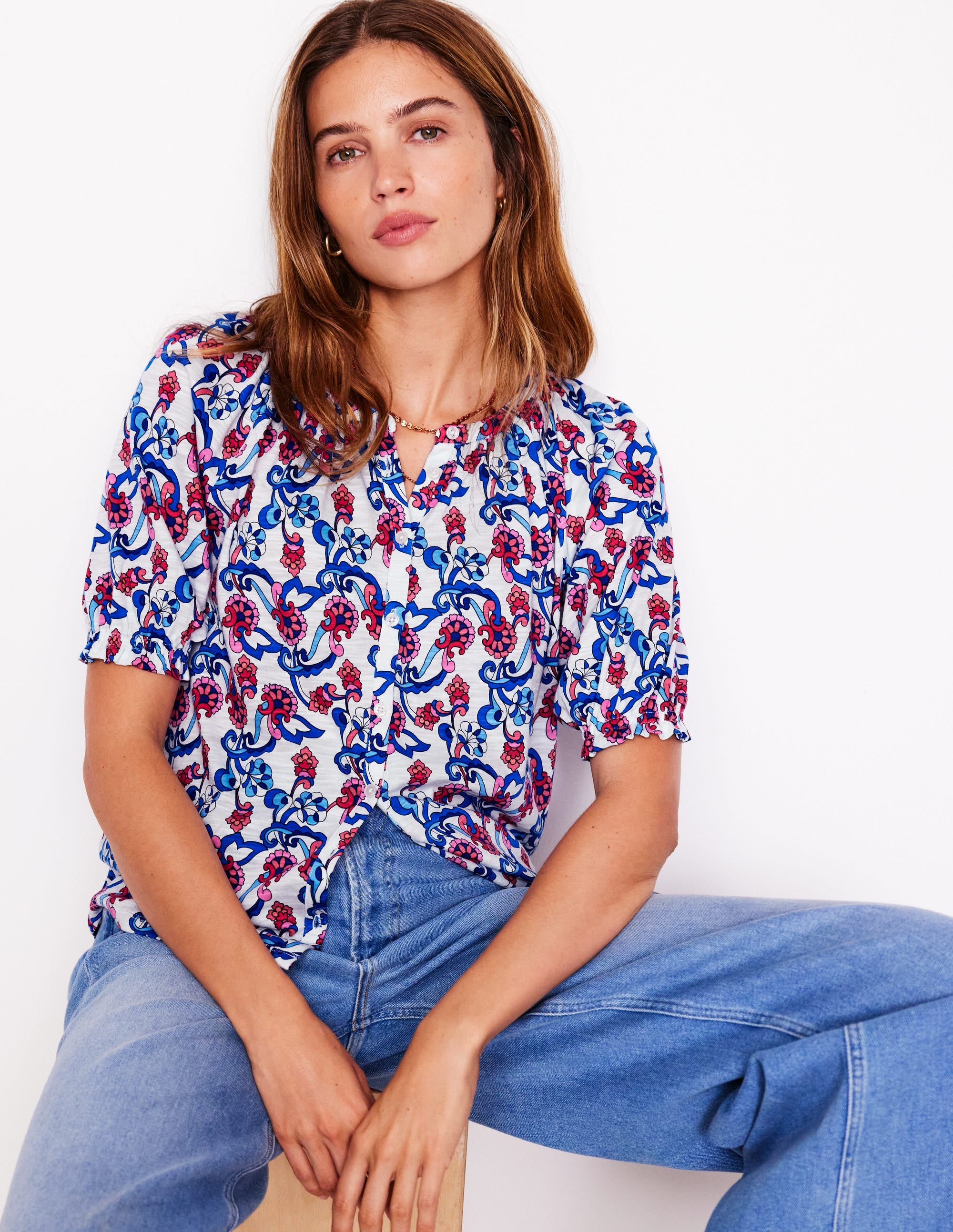 Isla Jersey Shirt-Ivory, Floral - Image 1