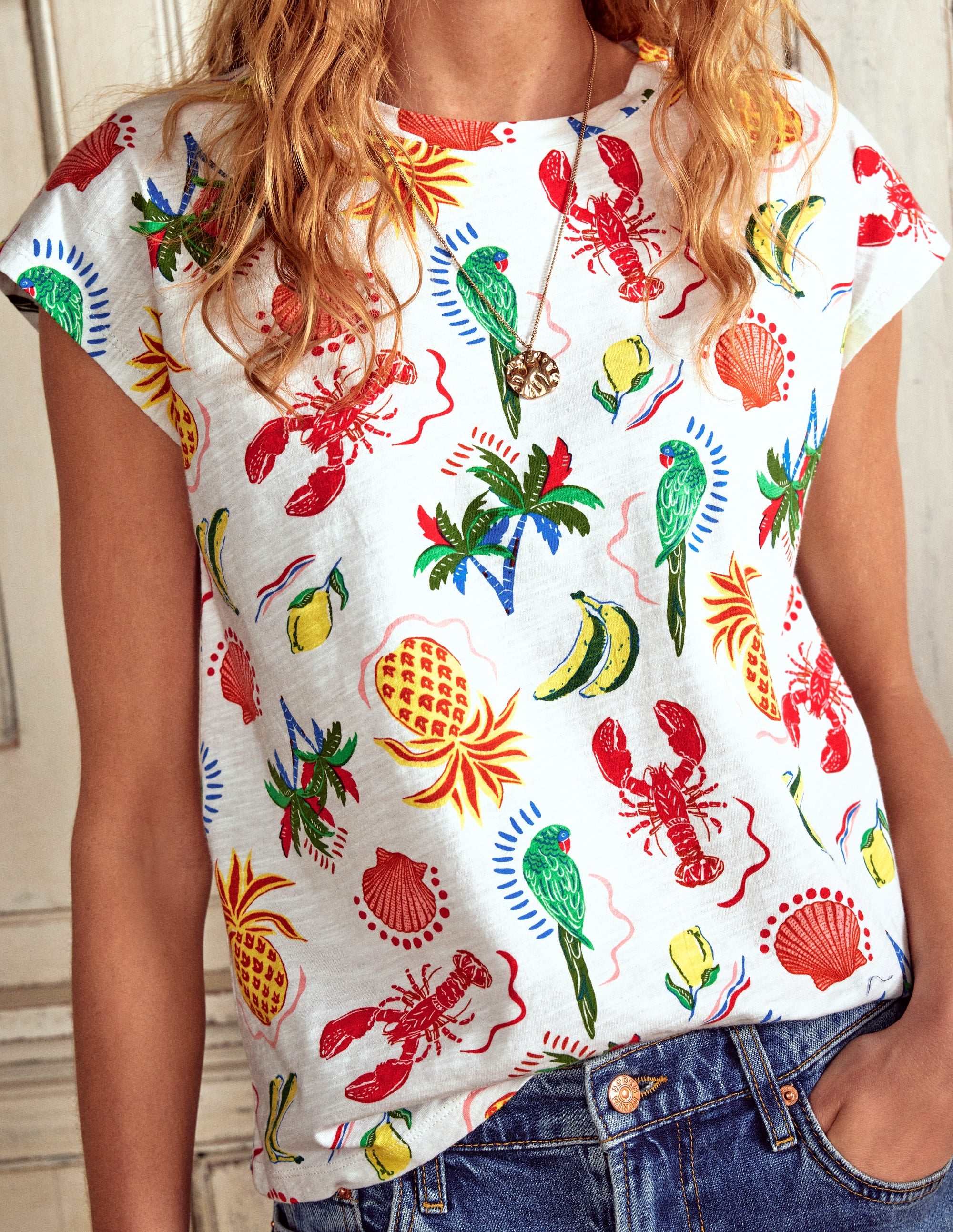 Louisa Slub T-Shirt-Ivory, Tropical Bonanza - Image 2