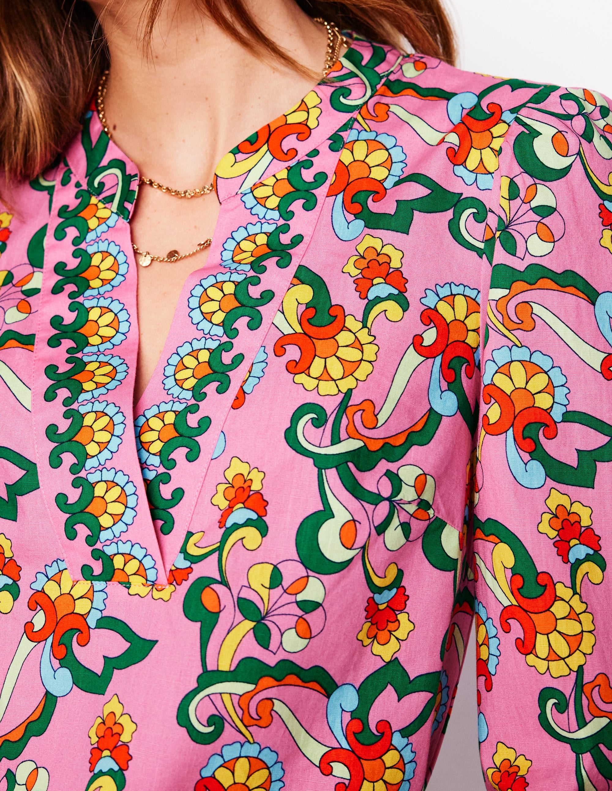 Cotton Notch Neck Top-Pink Rose, Foliage Trail - Image 3