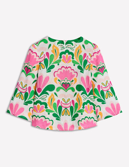 Fluted Sleeve Linen Top-Multi, Freesia Stamp-6