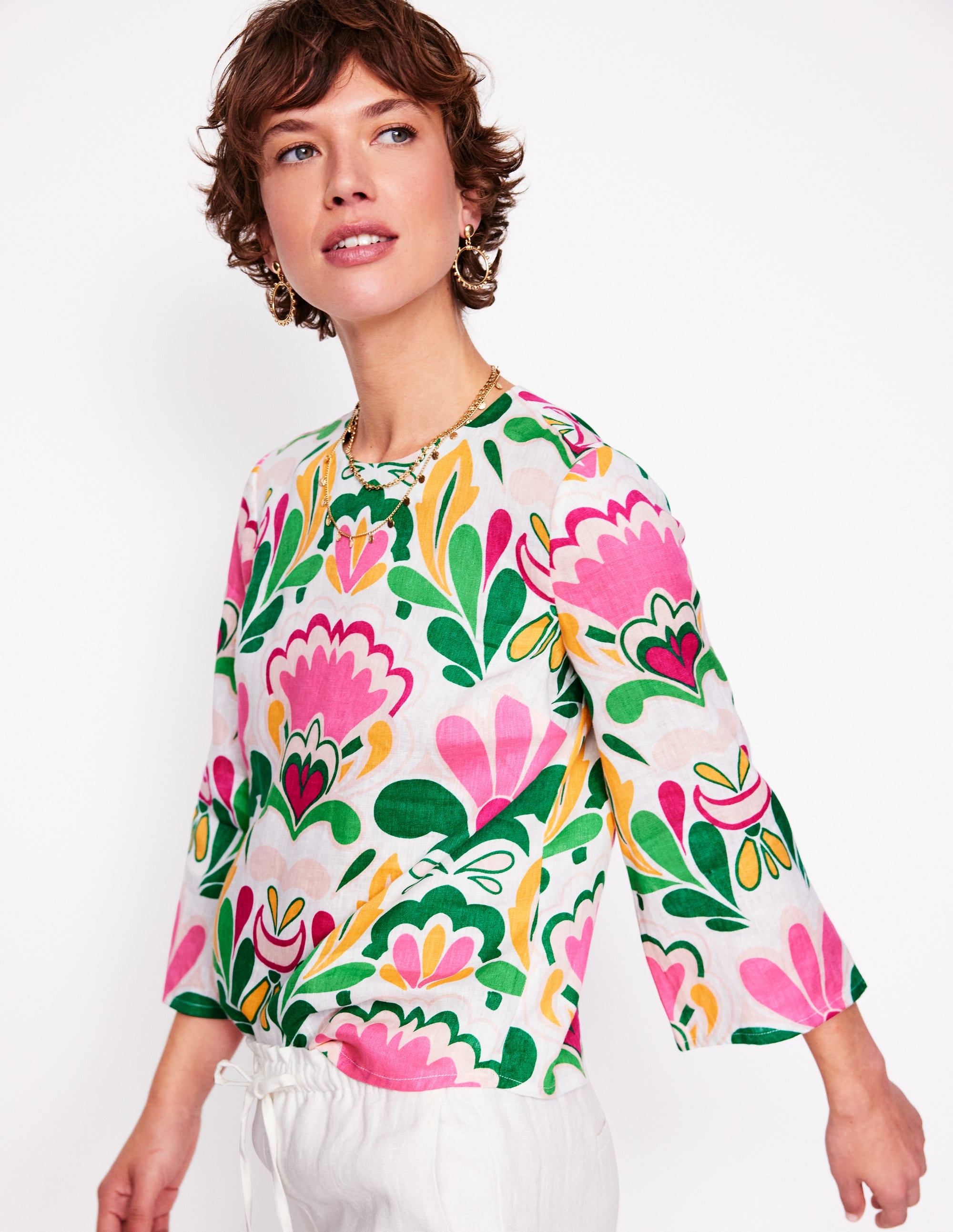 Fluted Sleeve Linen Top-Multi, Freesia Stamp - Image 1