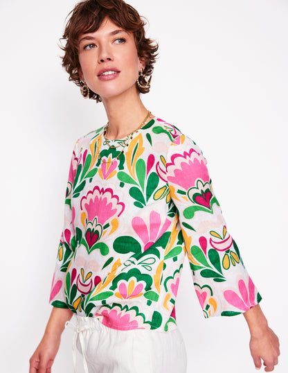Fluted Sleeve Linen Top-Multi, Freesia Stamp-1