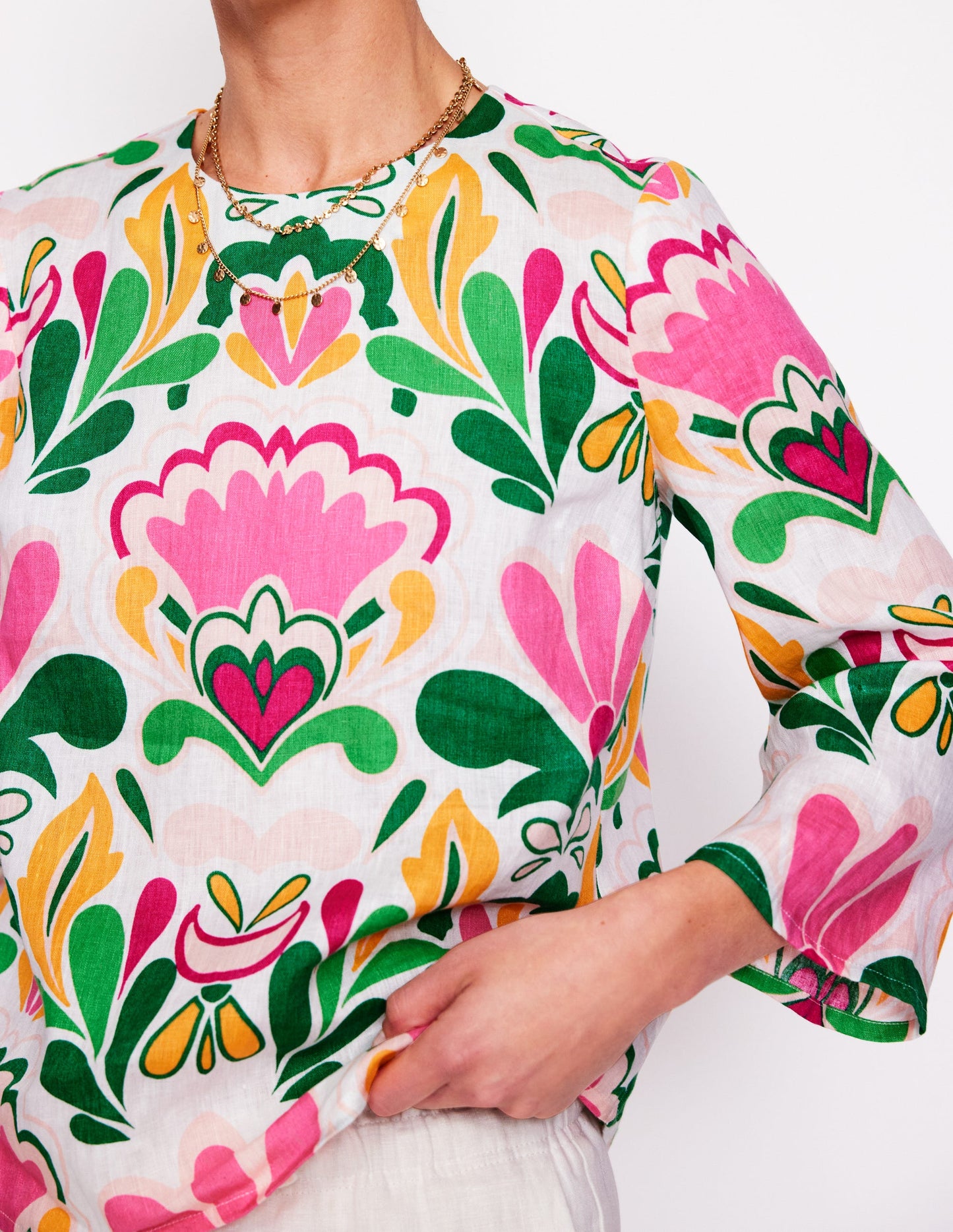 Fluted Sleeve Linen Top-Multi, Freesia Stamp