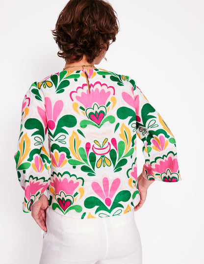 Fluted Sleeve Linen Top-Multi, Freesia Stamp-4