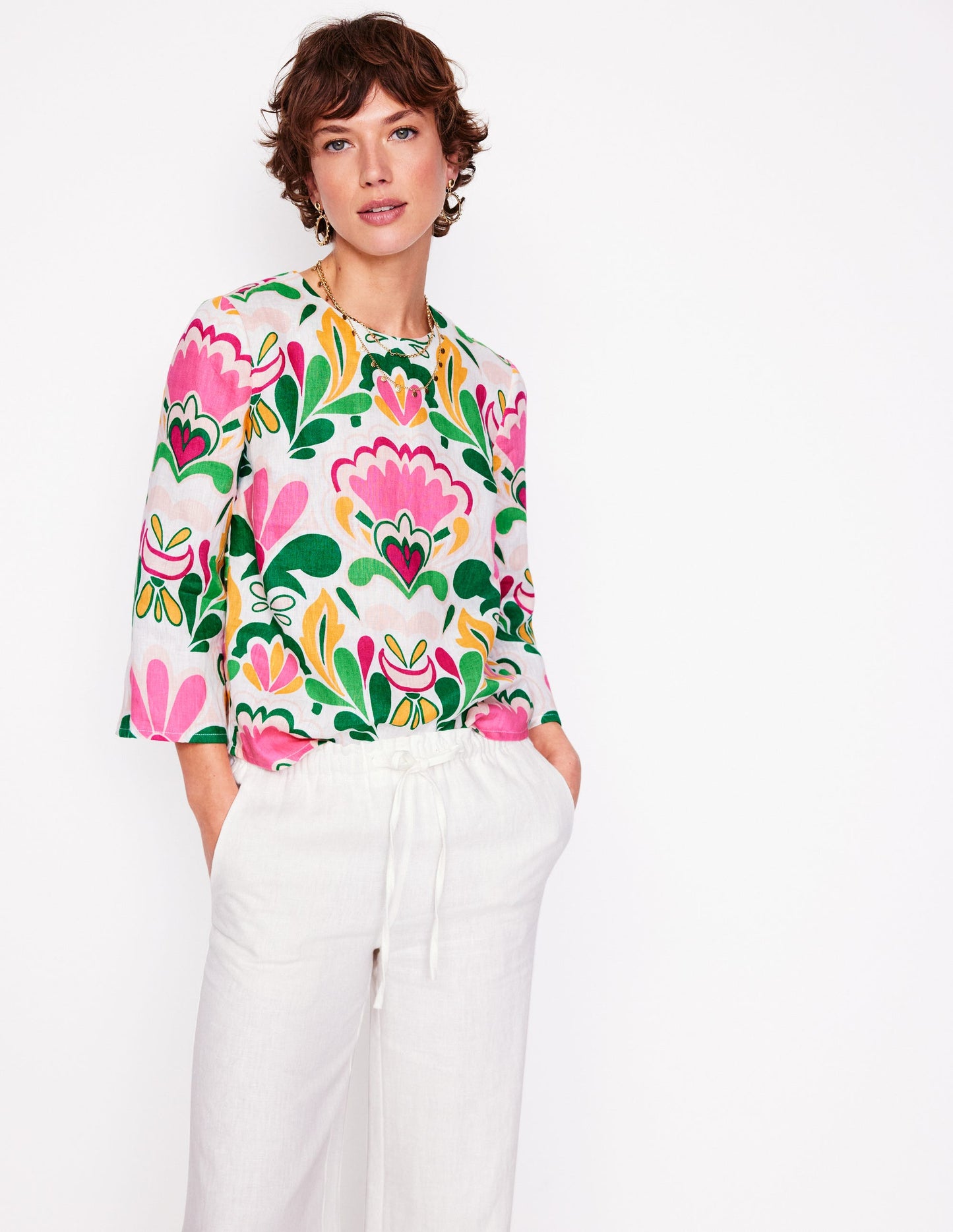 Fluted Sleeve Linen Top-Multi, Freesia Stamp