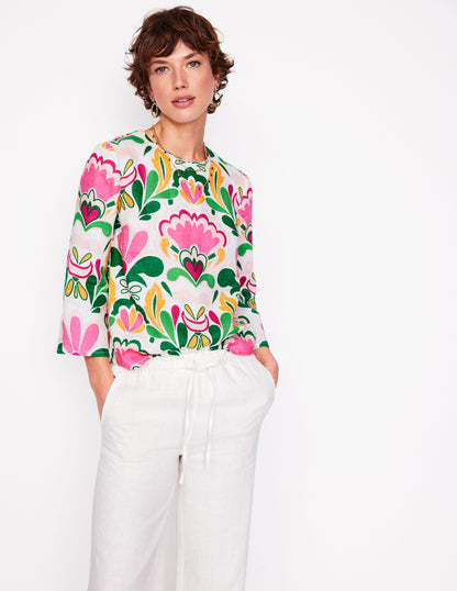 Fluted Sleeve Linen Top-Multi, Freesia Stamp-5