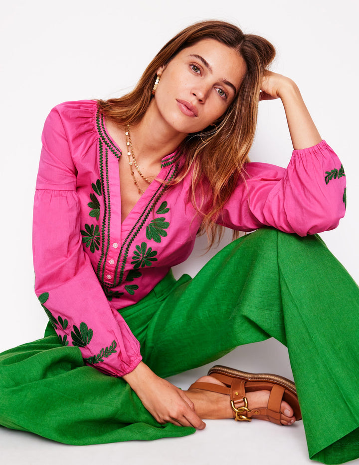 Raglan Embroidered Cotton Top-Sorbet Pink