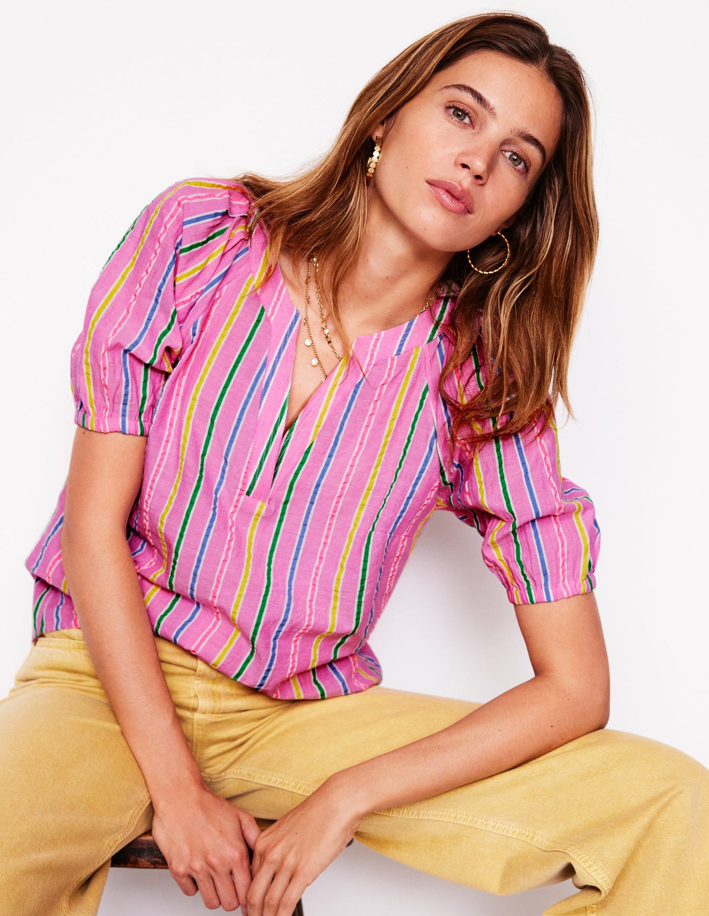 Brooke Cotton Top-Neon Pink Seersucker Stripe