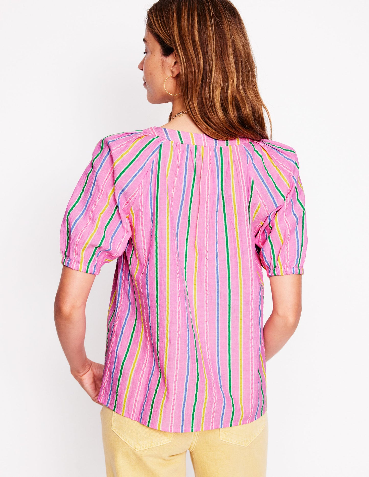 Brooke Cotton Top-Neon Pink Seersucker Stripe
