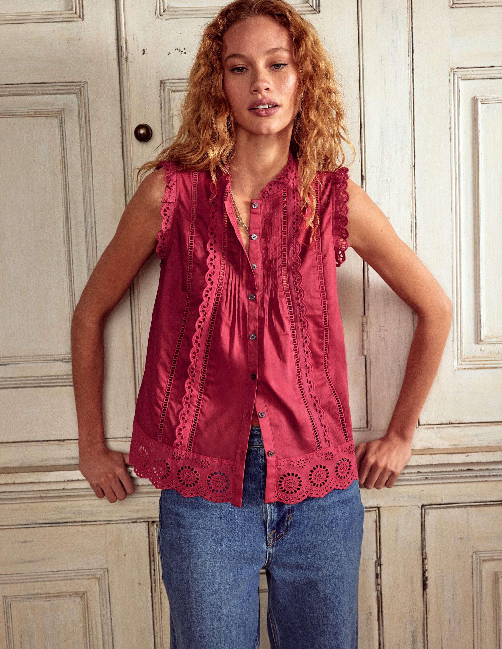 Sleeveless Broderie Top-Terracotta Red - Image 1