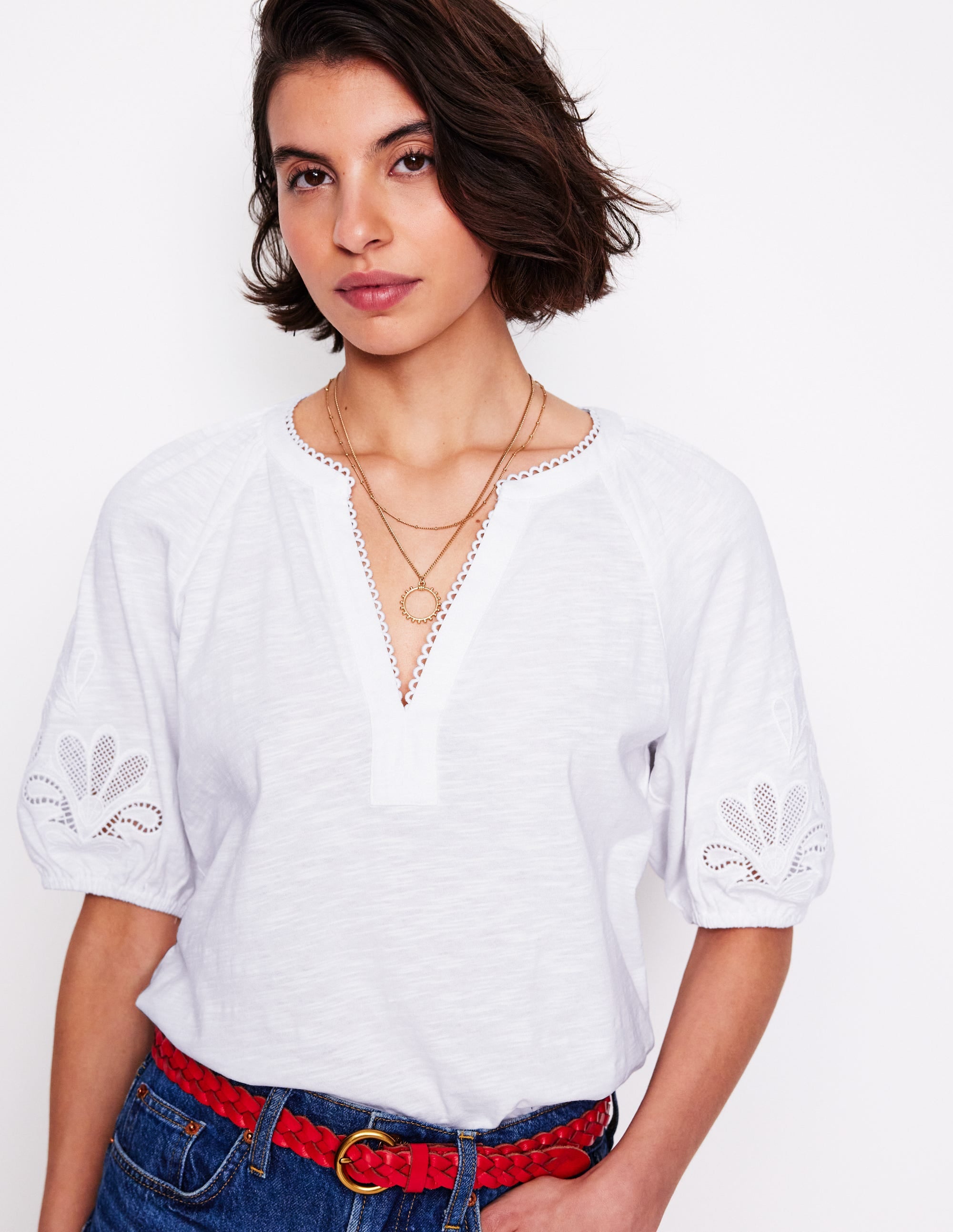 Cutwork Notch Neck Top-White - Image 1