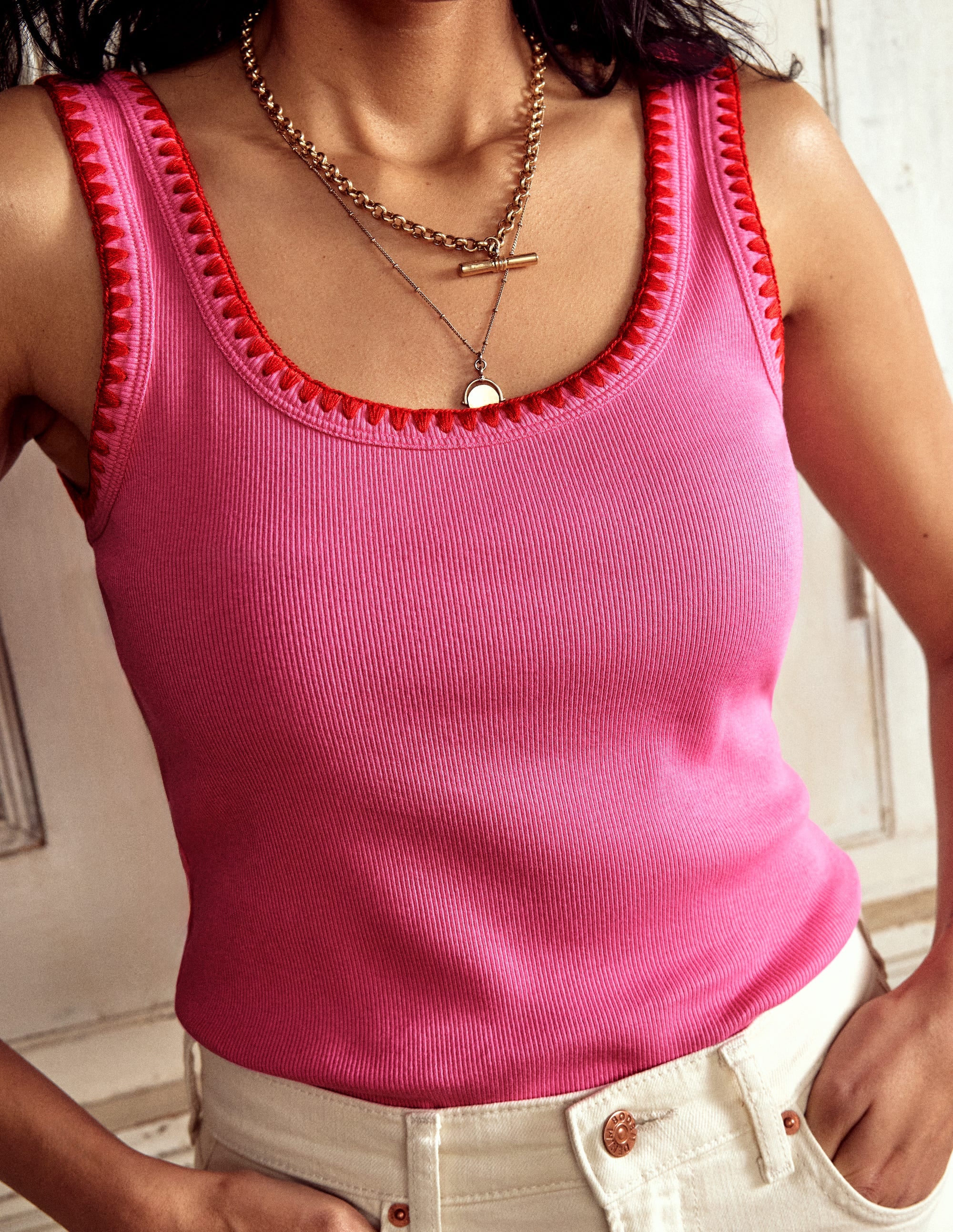 Crochet Trim Scoop Neck Vest-Pink - Image 2