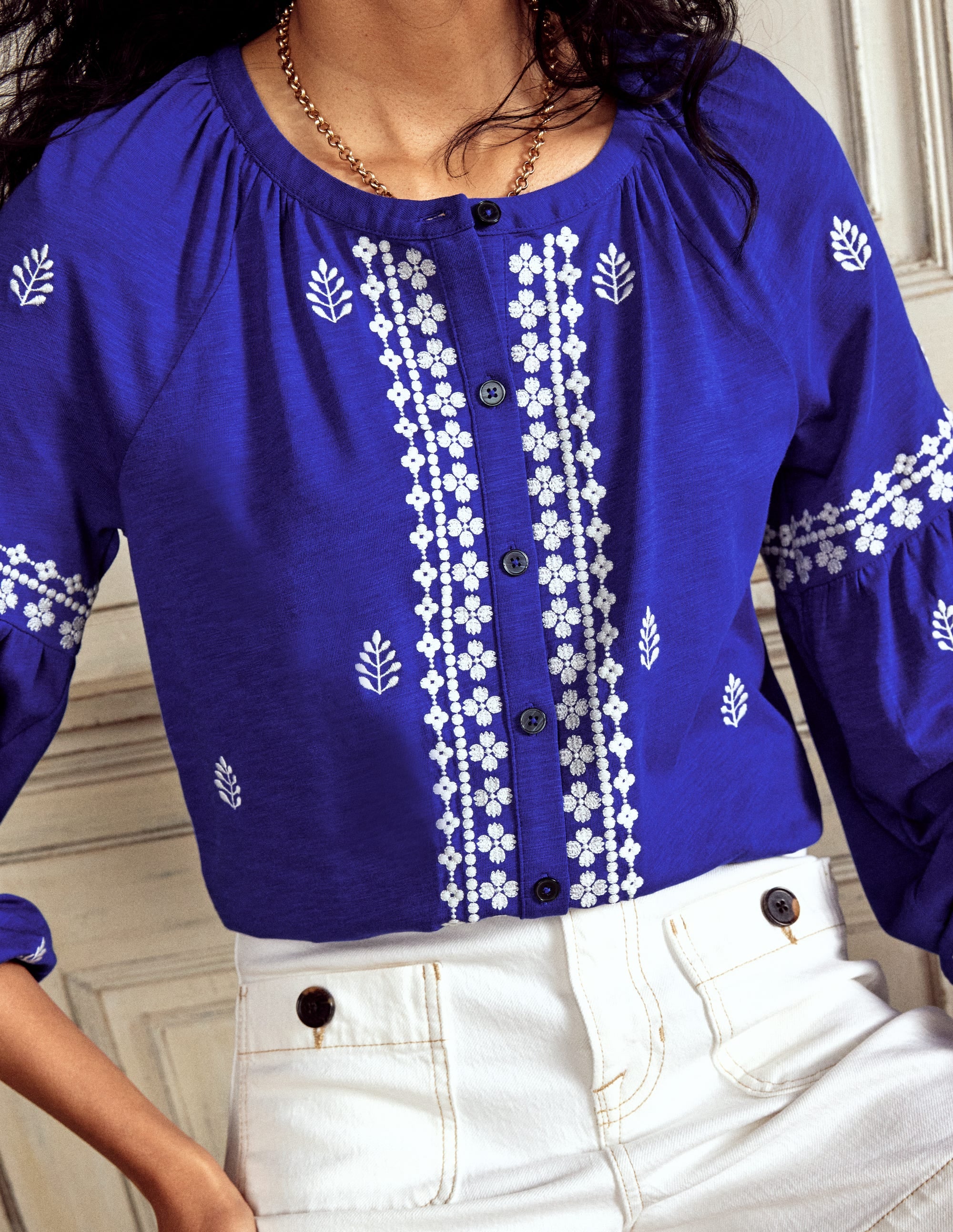Embroidered Seam Sleeve Shirt-Bright Blue - Image 2