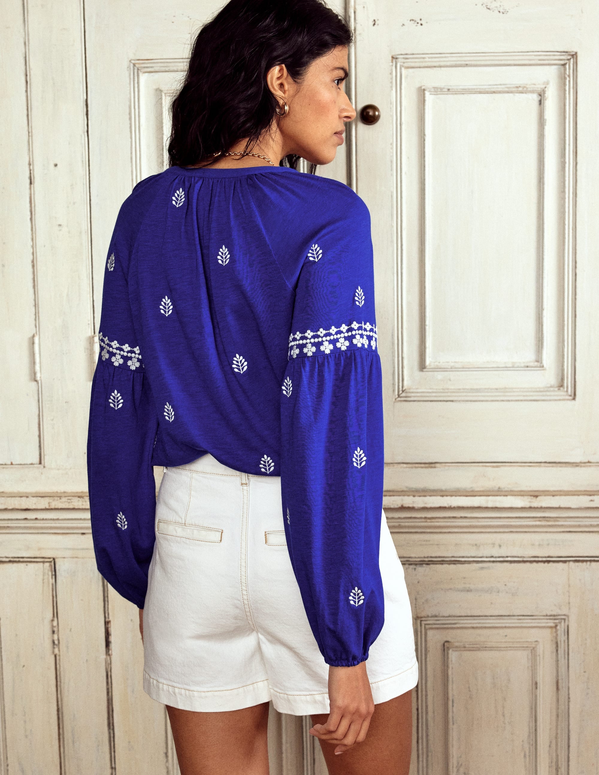 Embroidered Seam Sleeve Shirt-Bright Blue - Image 3