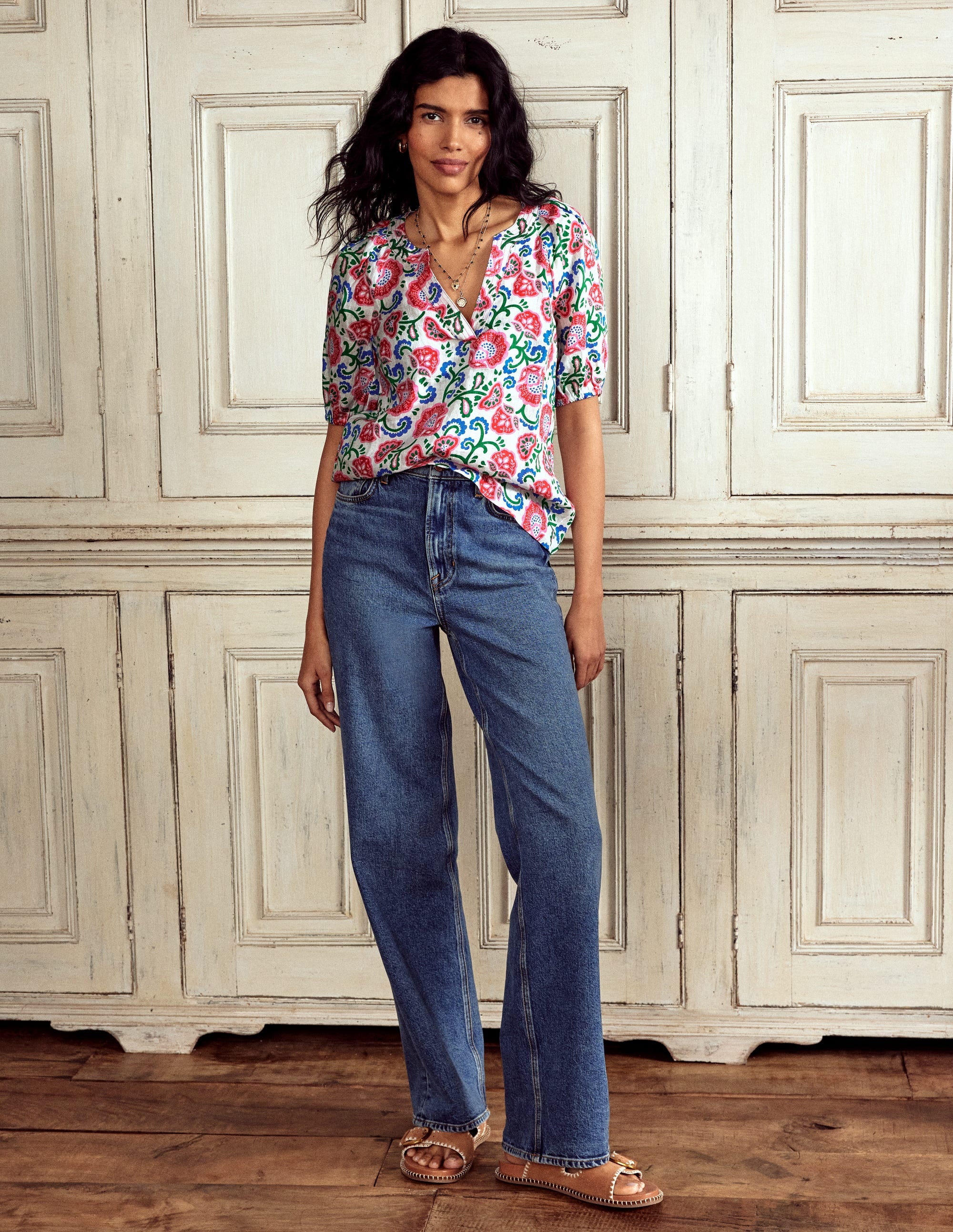 Brooke Linen Top-Ivory, Garden Vine - Image 1