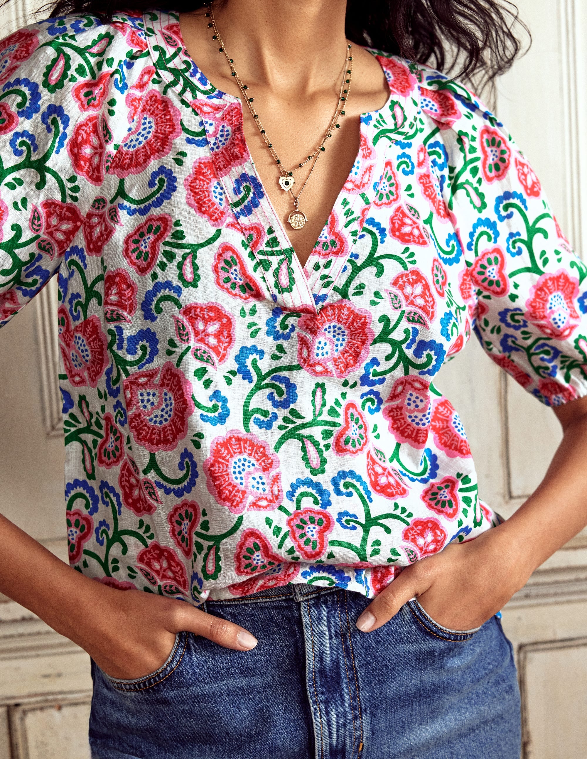 Brooke Linen Top-Ivory, Garden Vine - Image 2