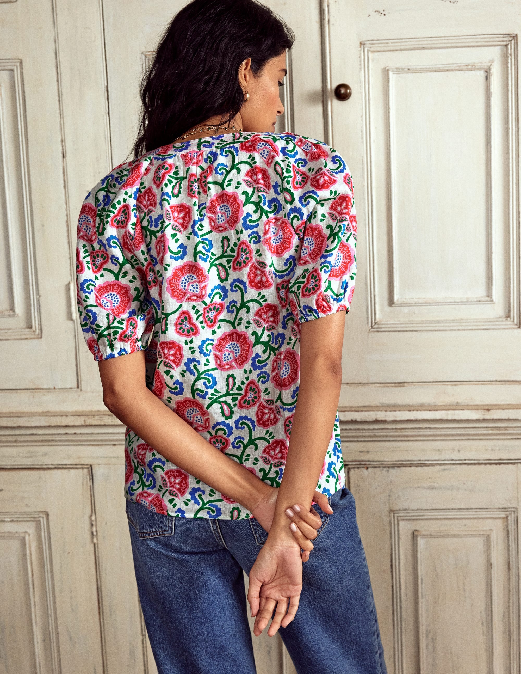 Brooke Linen Top-Ivory, Garden Vine - Image 3