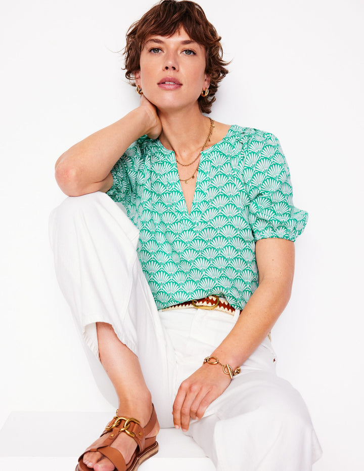 Brooke Linen Top-Aquamarine, Deco Palm