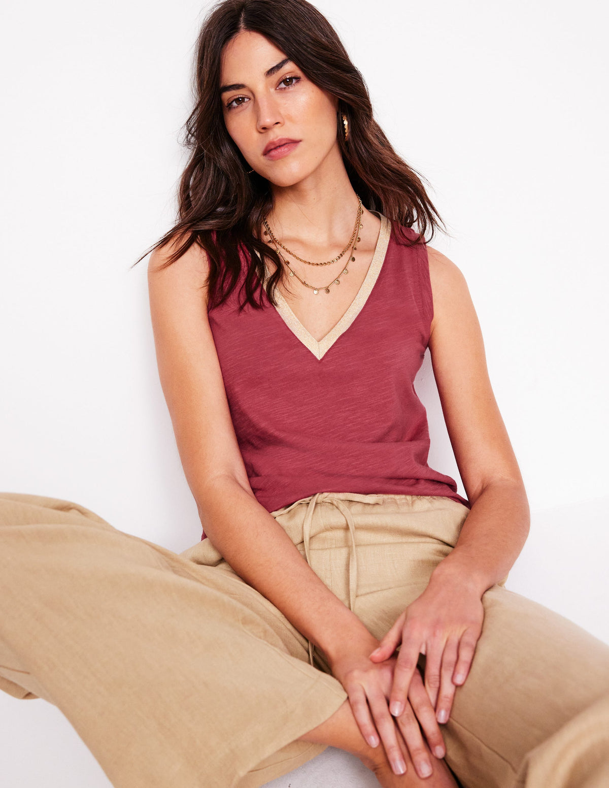 Metallic Trim V Neck Vest-Terracotta Red - Image 1