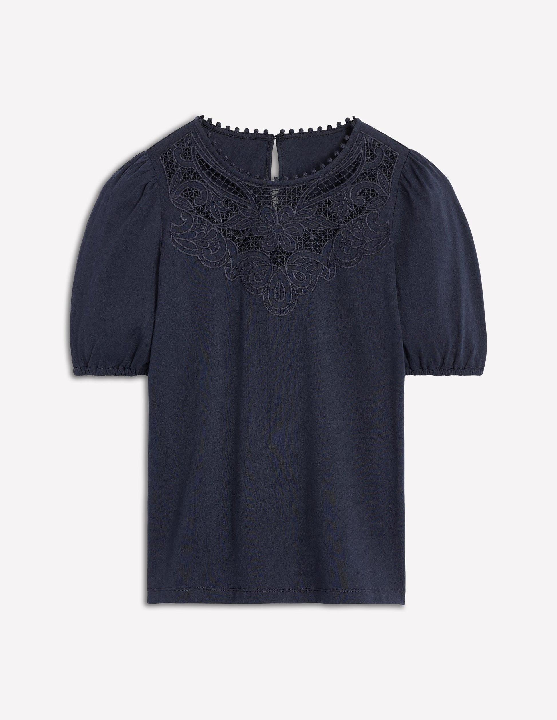 Cutwork Puff Sleeve T-Shirt-Navy-5