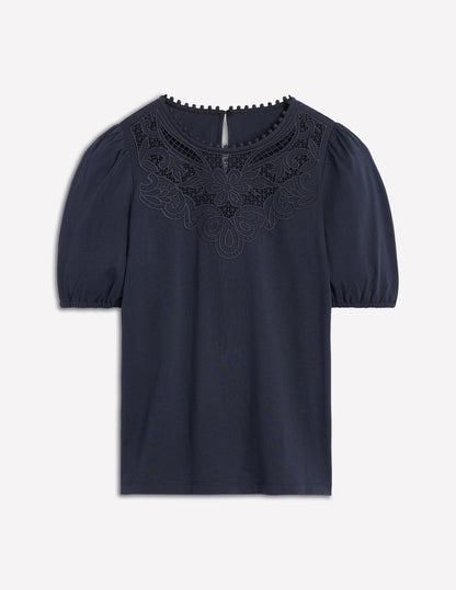 Cutwork Puff Sleeve T-Shirt-Navy-5
