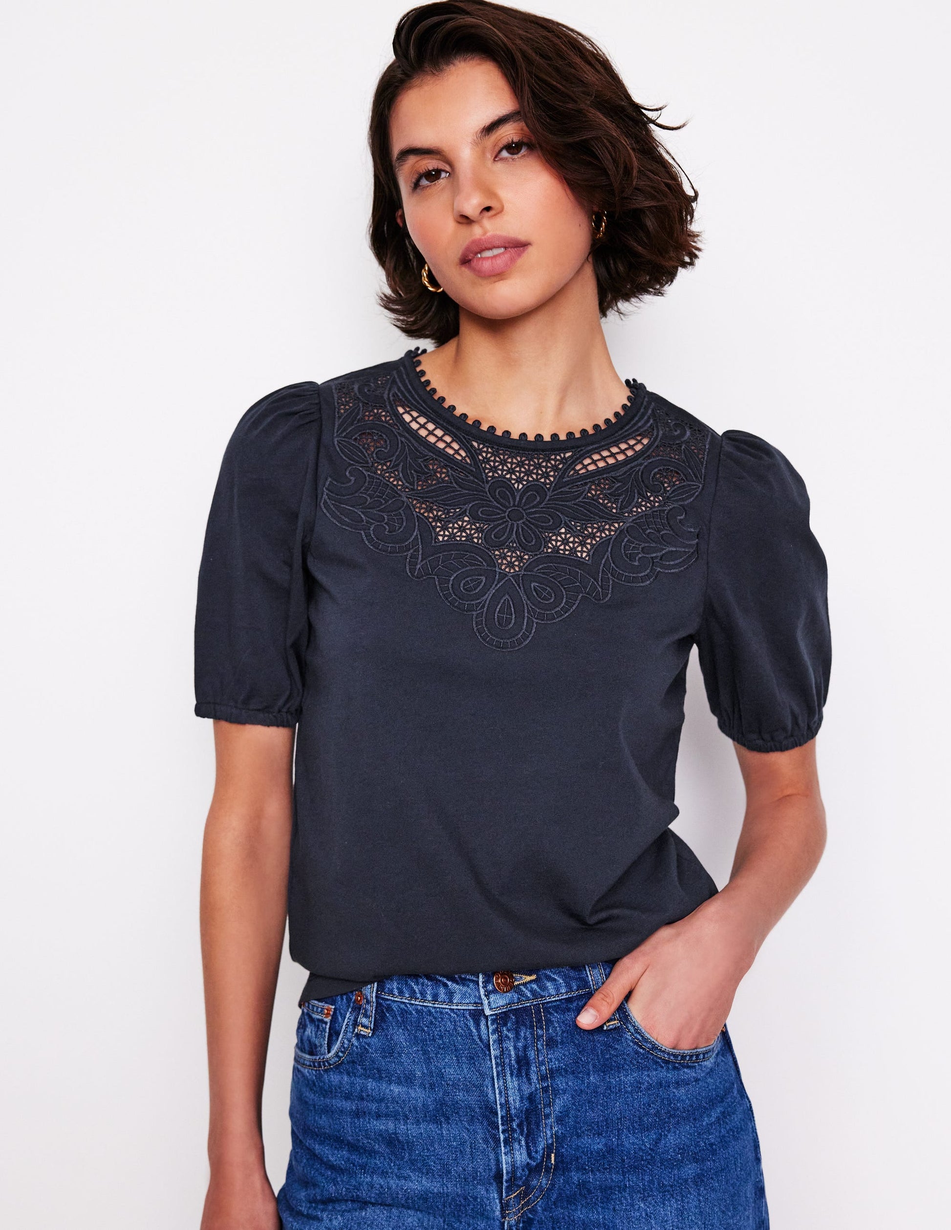 Cutwork Puff Sleeve T-Shirt-Navy-1