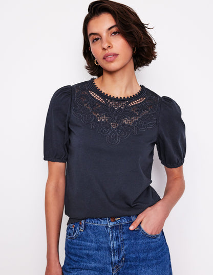Cutwork Puff Sleeve T-Shirt-Navy-1