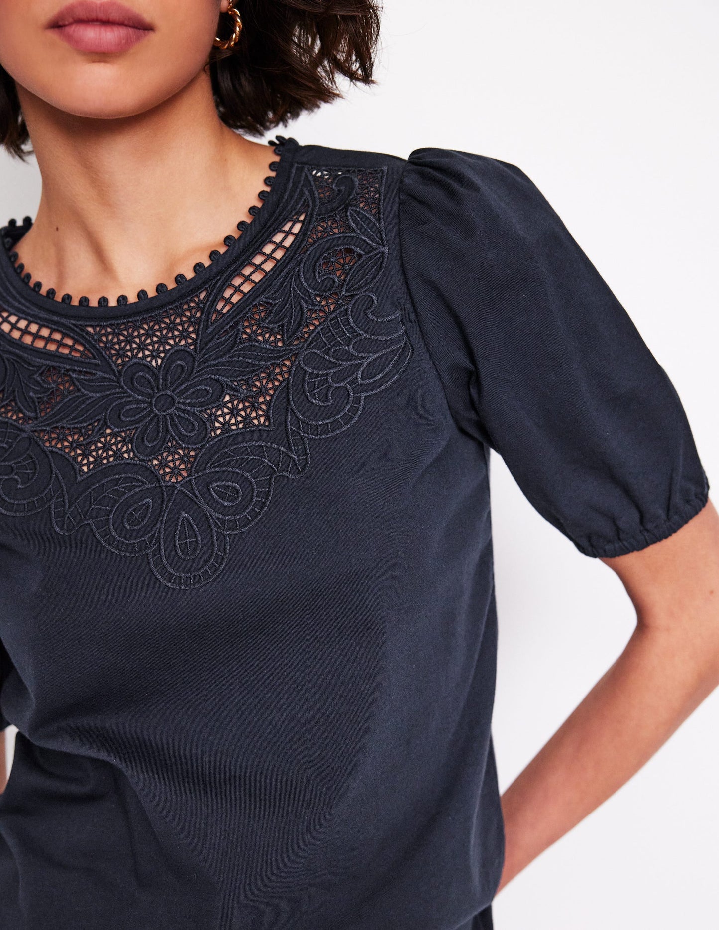 Cutwork Puff Sleeve T-Shirt-Navy