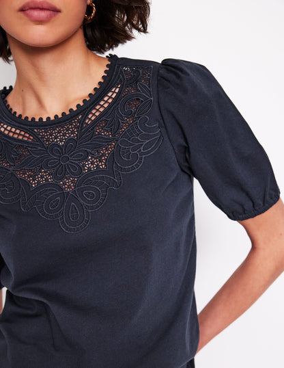 Cutwork Puff Sleeve T-Shirt-Navy-2