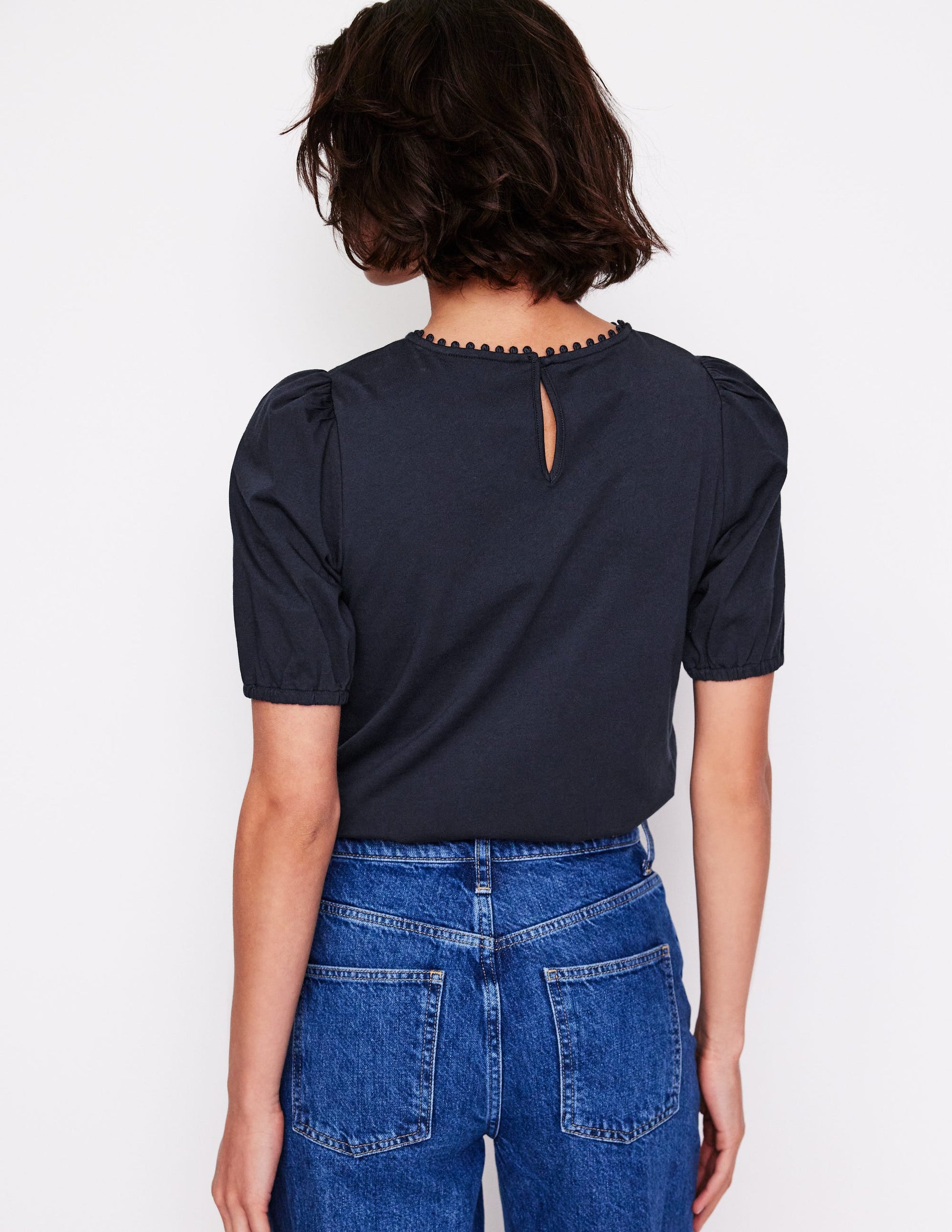 Cutwork Puff Sleeve T-Shirt-Navy-3