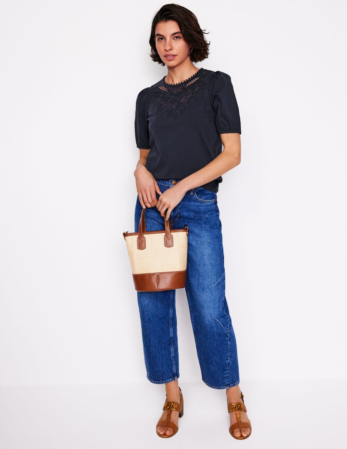 Cutwork Puff Sleeve T-Shirt-Navy