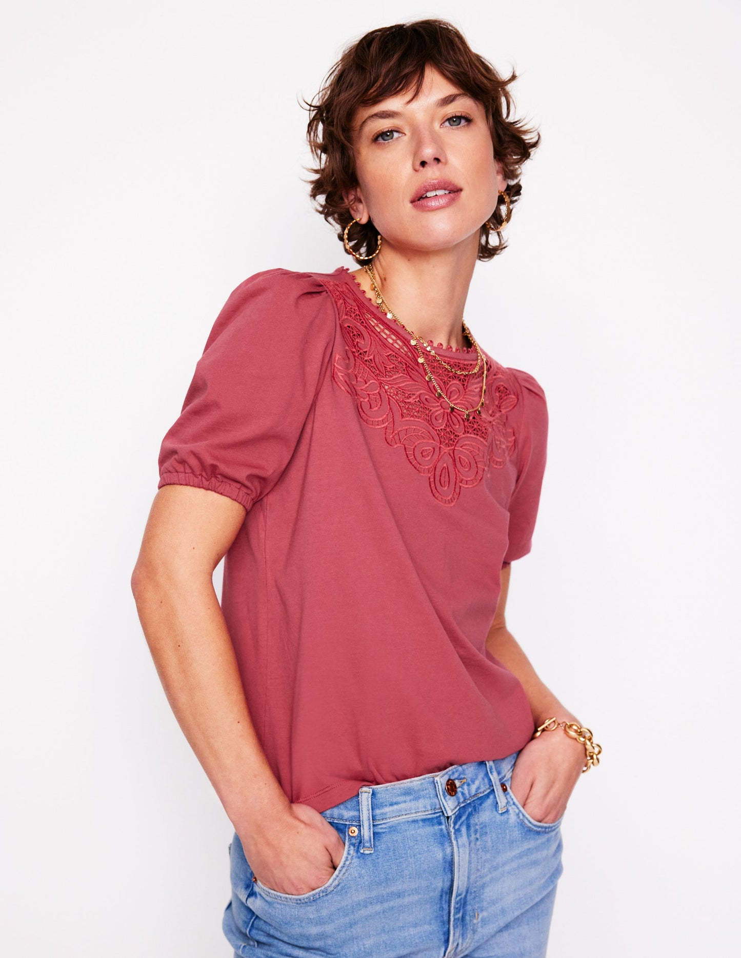 Cutwork Puff Sleeve T-Shirt-Teracotta