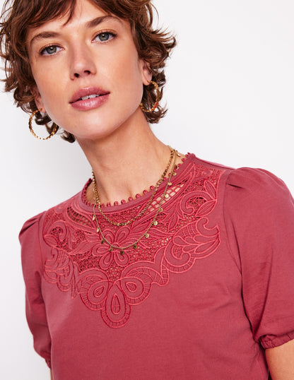 Cutwork Puff Sleeve T-Shirt-Teracotta-2