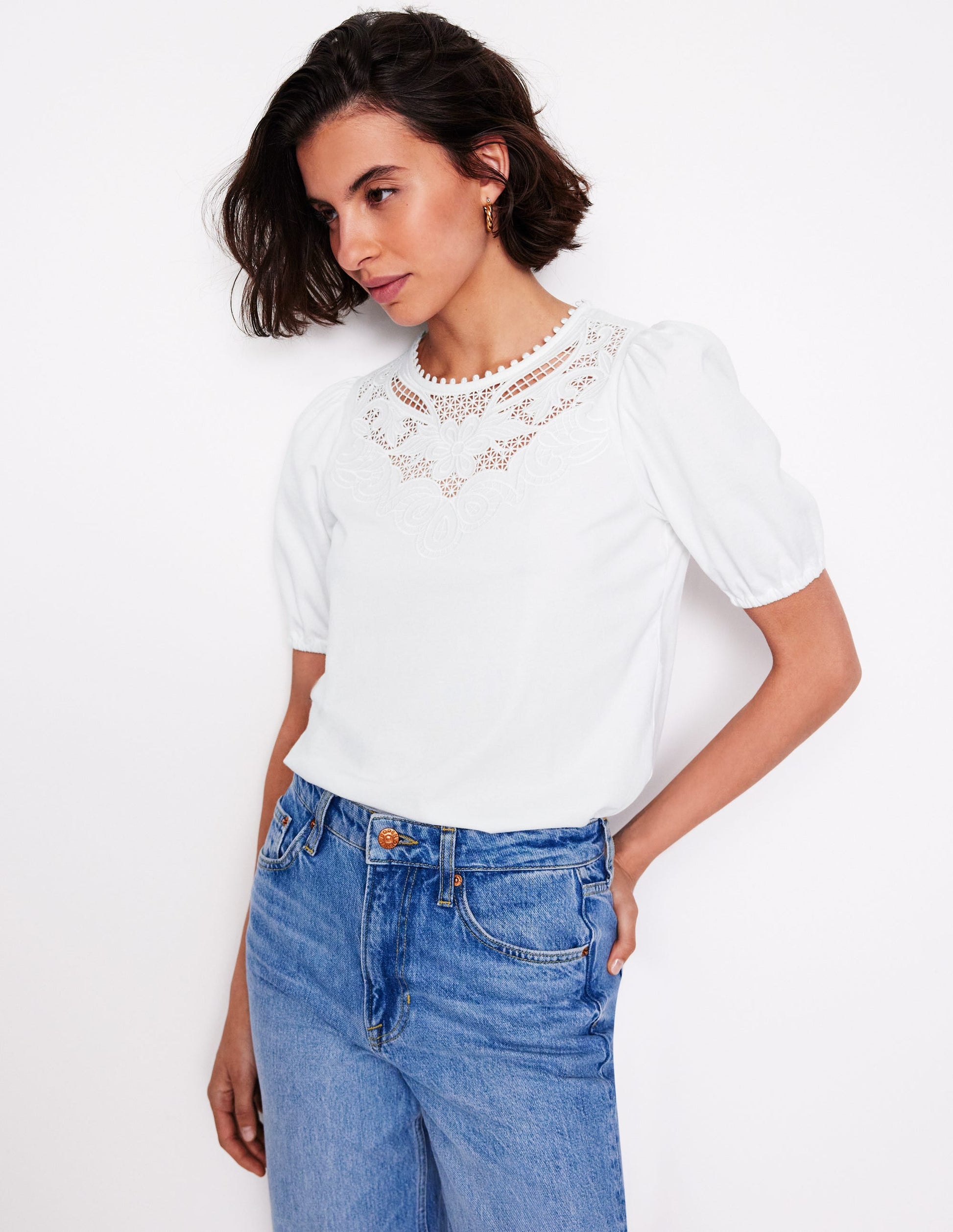 Cutwork Puff Sleeve T-Shirt-White-1
