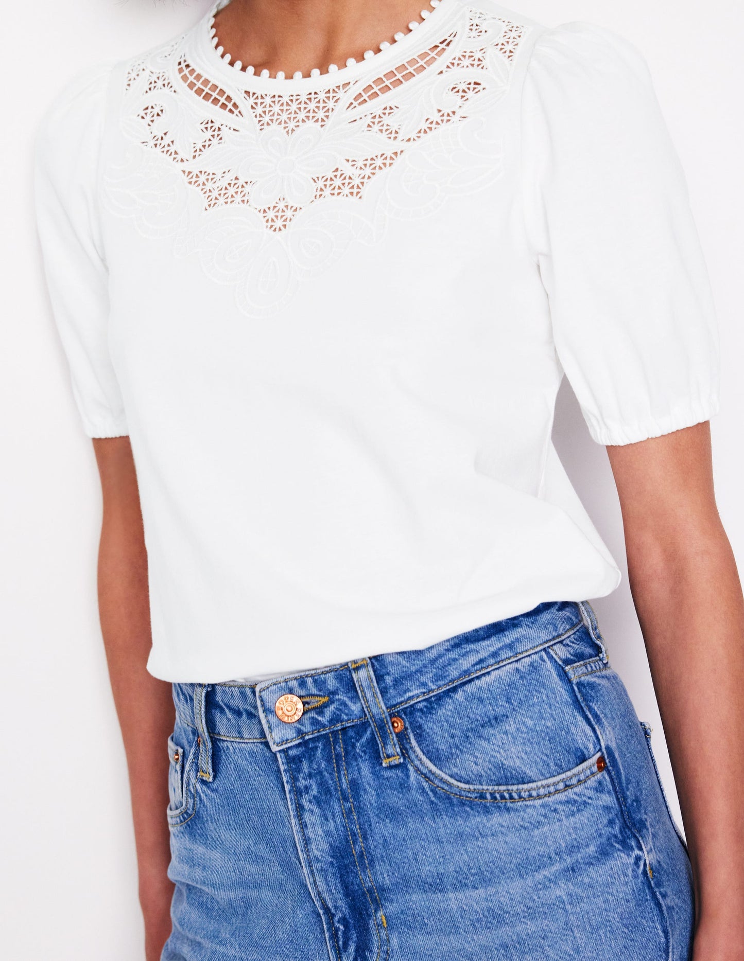 Cutwork Puff Sleeve T-Shirt-White