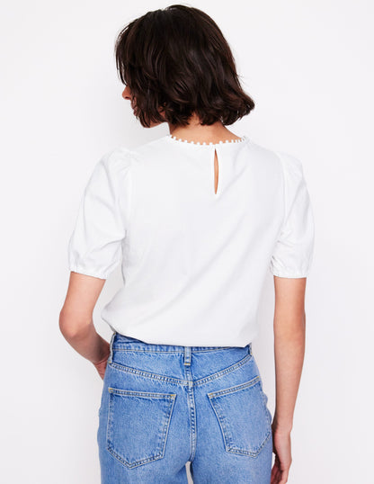 Cutwork Puff Sleeve T-Shirt-White-3