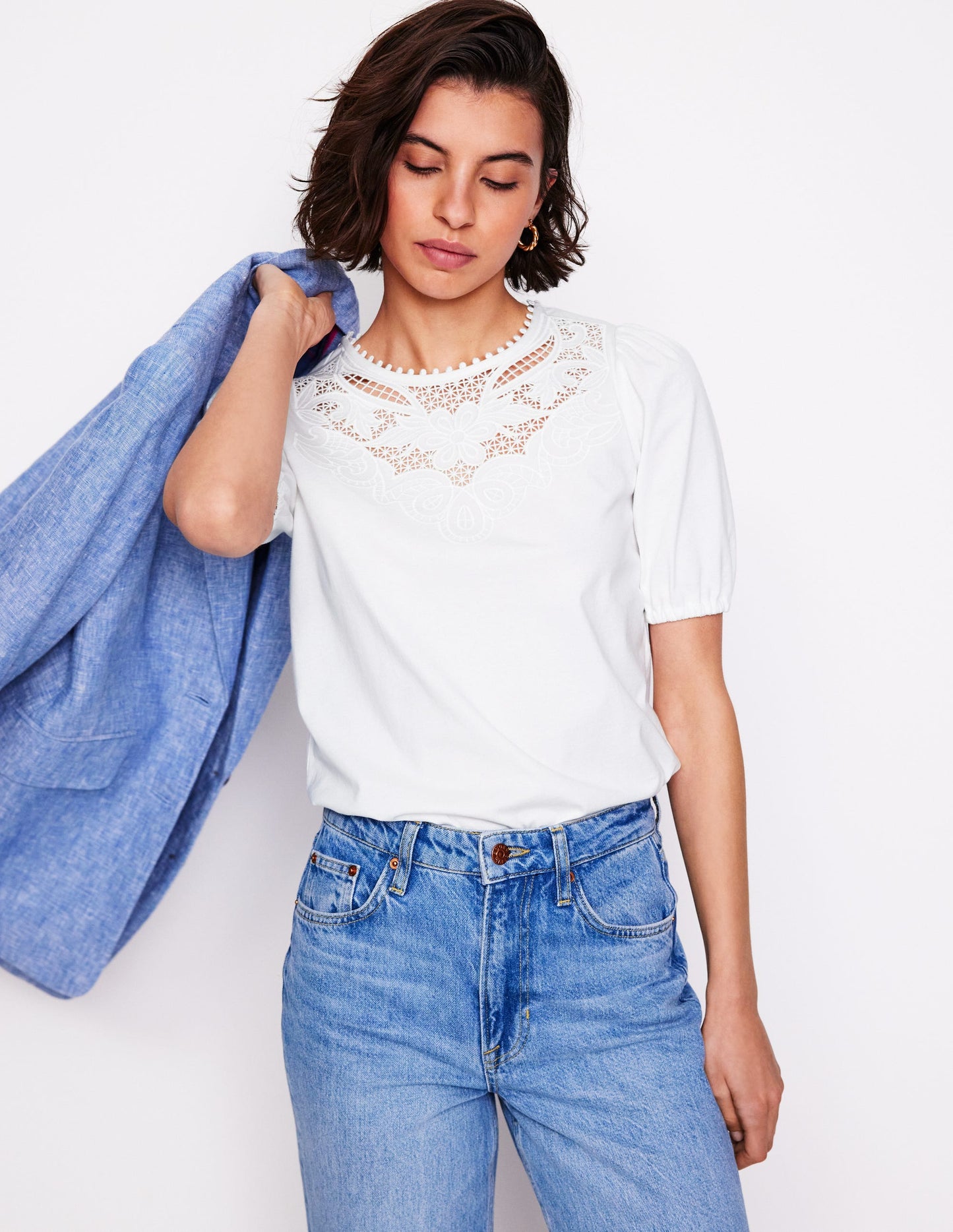 Cutwork Puff Sleeve T-Shirt-White