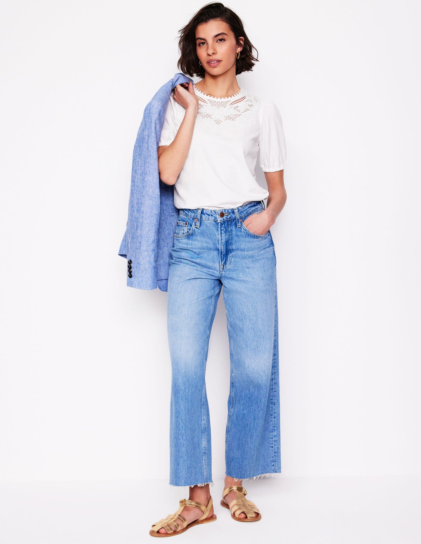 Cutwork Puff Sleeve T-Shirt-White