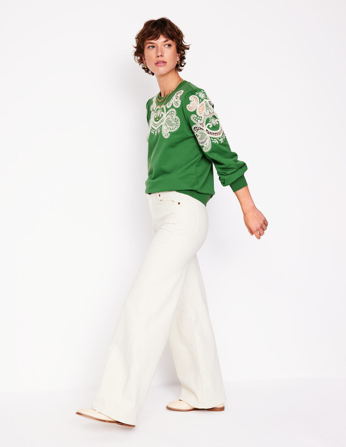 Puff Sleeve Cutwork Sweatshirt-Paradise Green - Image 1