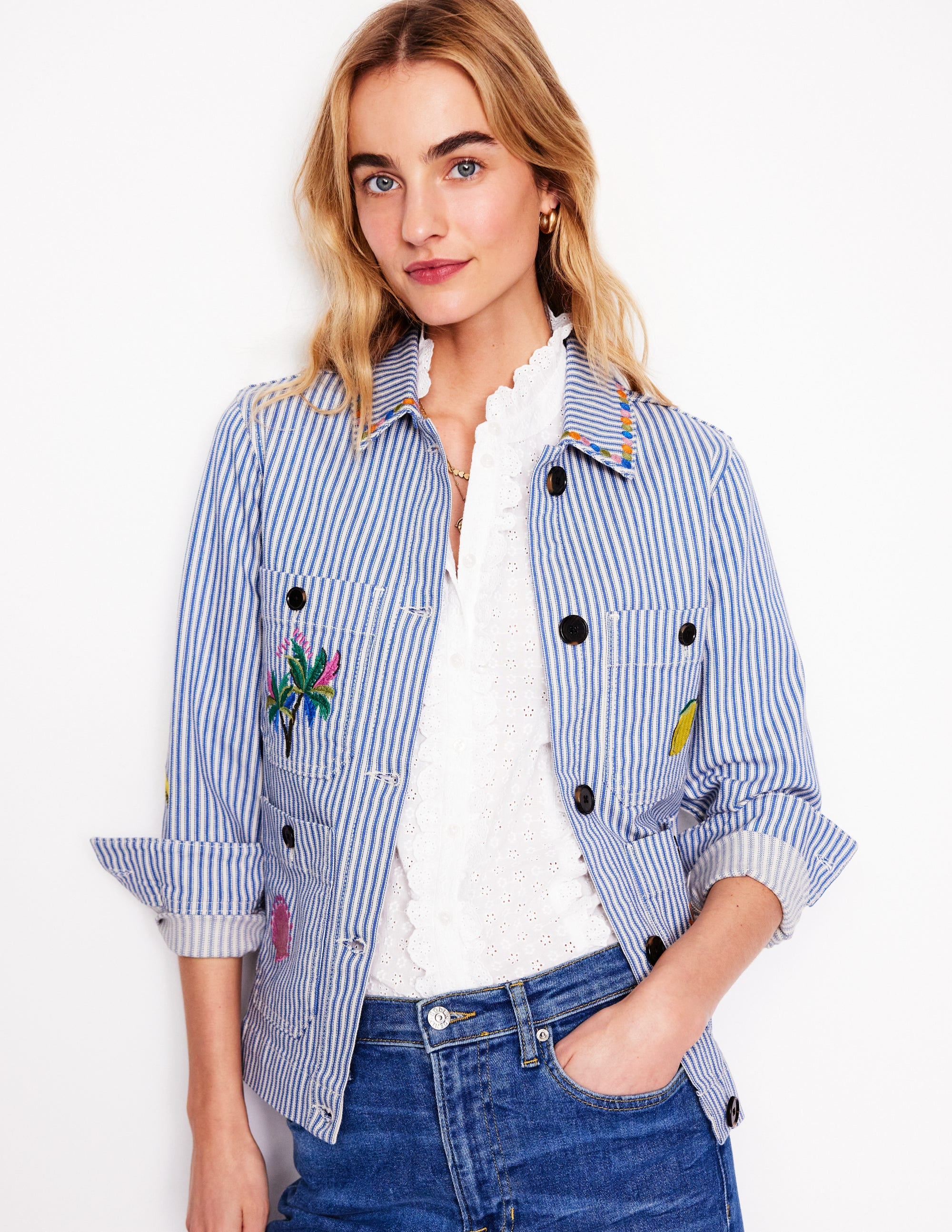 Embroidered Utility Jacket-Forget me not Blue Fine Stripe - Image 1