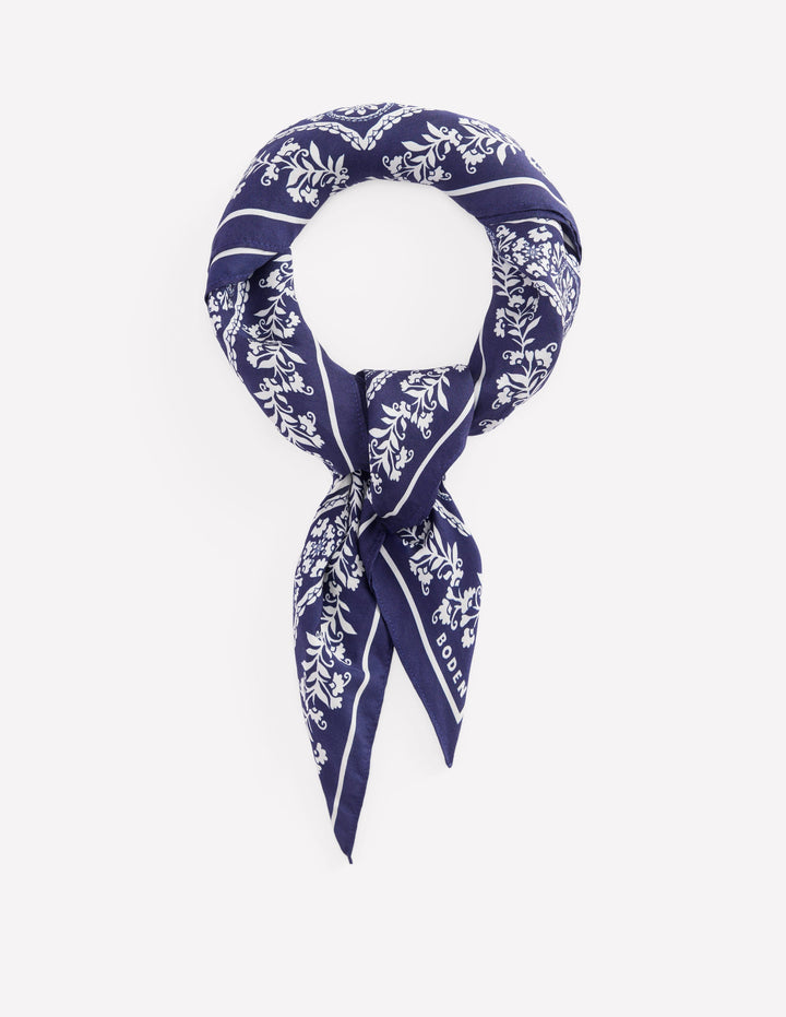 Elisabeth Silk Square Scarf-Navy Decorative Blossom