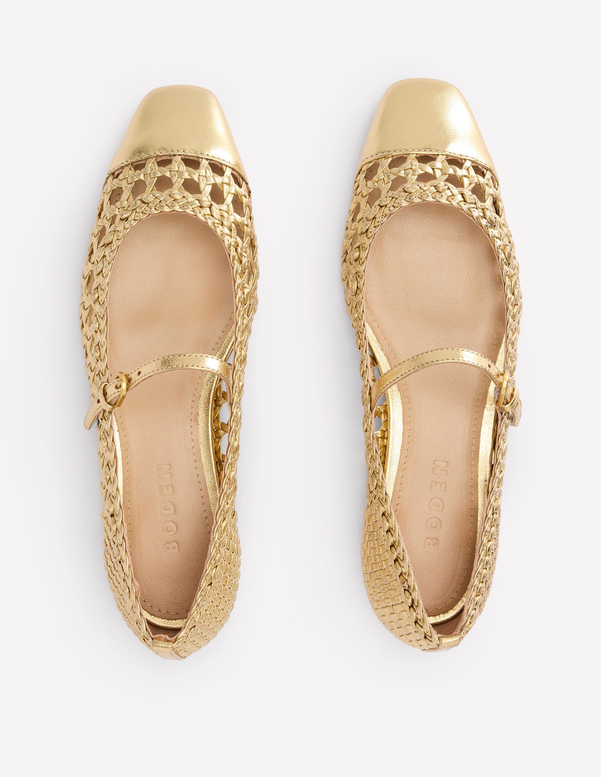Penelope Mary Jane Flat-Gold Woven Leather Boden UK