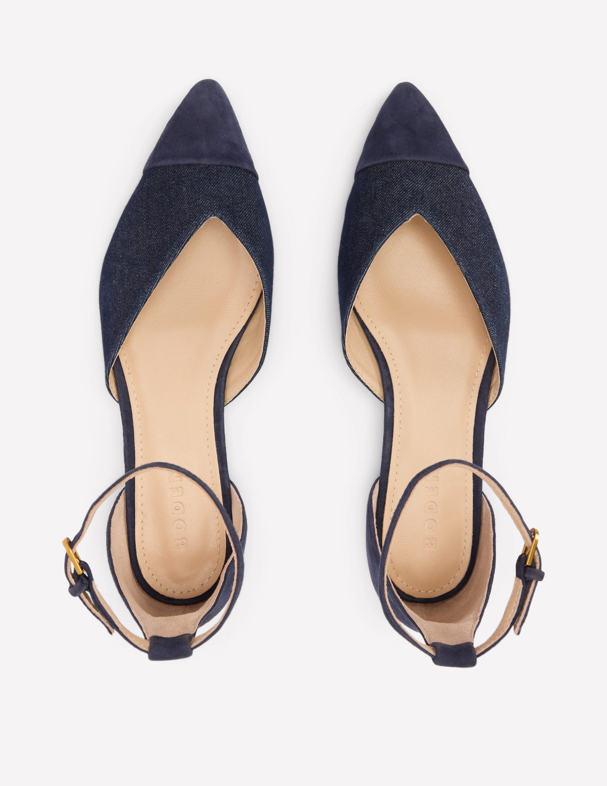 Ankle Strap Navy Blue Suede Flat Shoes Pointed Toe Cap Flats-Navy