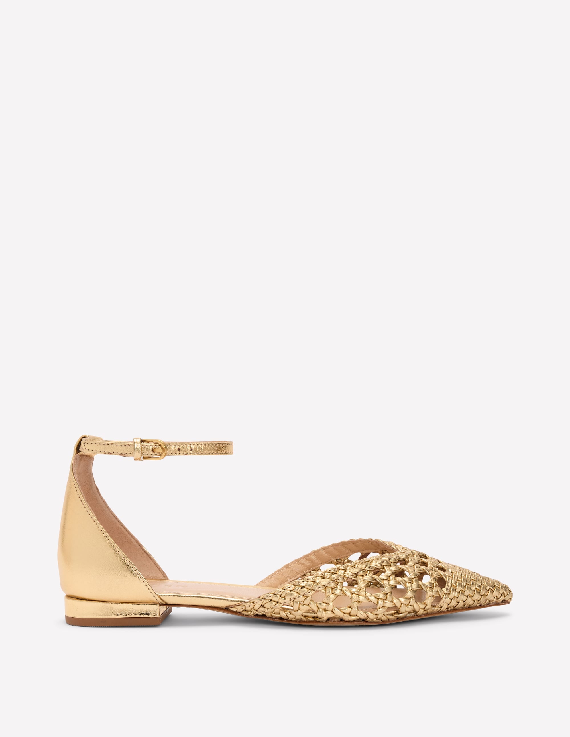 Pointed Toe Cap Flats-Gold Woven Leather - Image 1