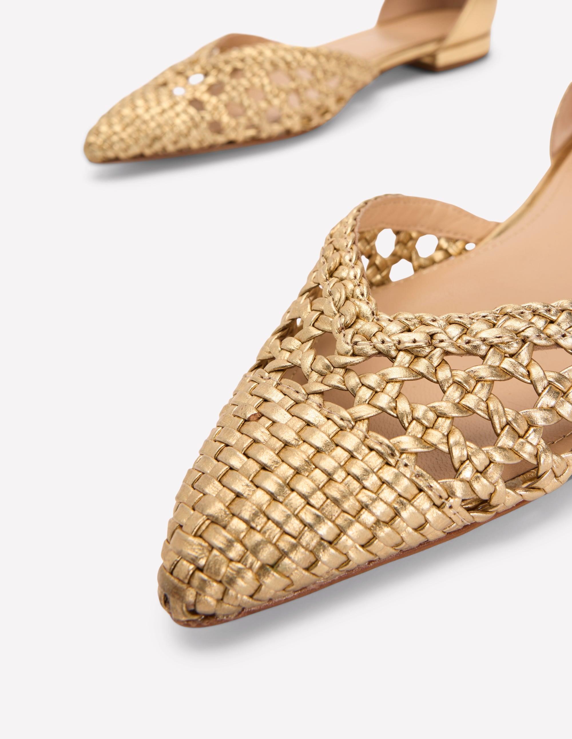 Pointed Toe Cap Flats-Gold Woven Leather - Image 4
