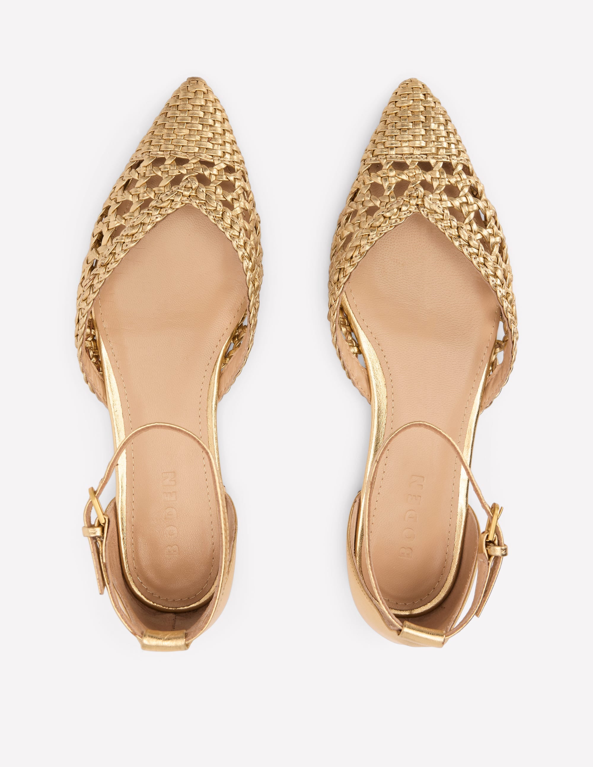 Pointed Toe Cap Flats-Gold Woven Leather - Image 5