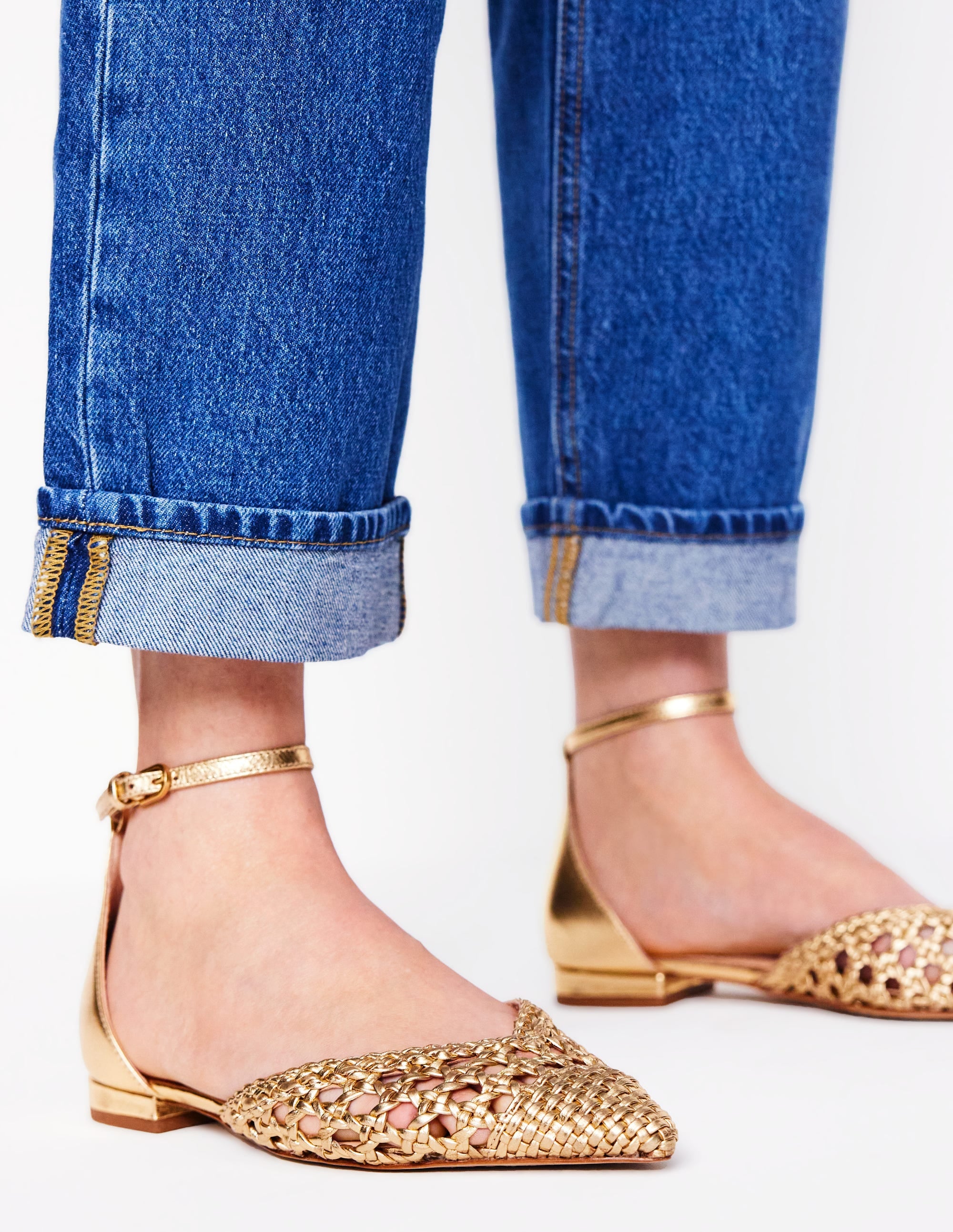 Pointed Toe Cap Flats-Gold Woven Leather - Image 2