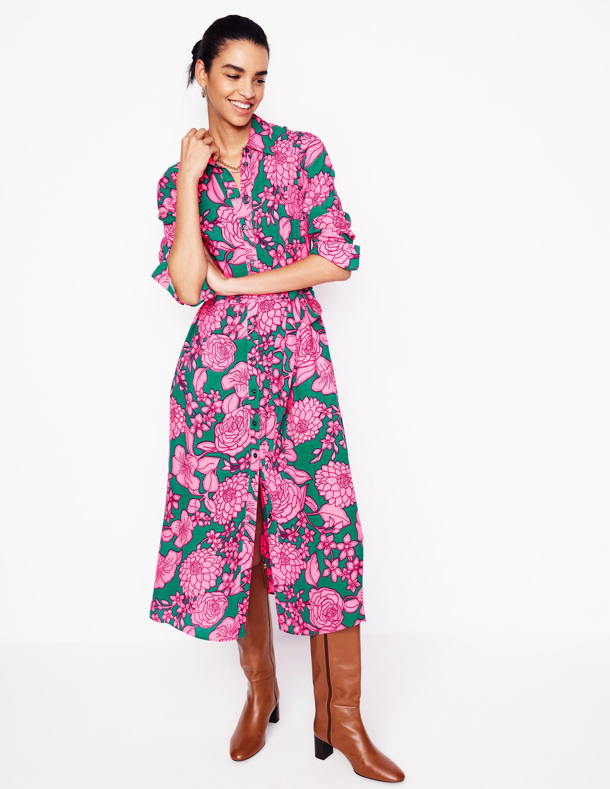 Kate Midi Shirt Dress-Green, Blossom Cascade - Image 1