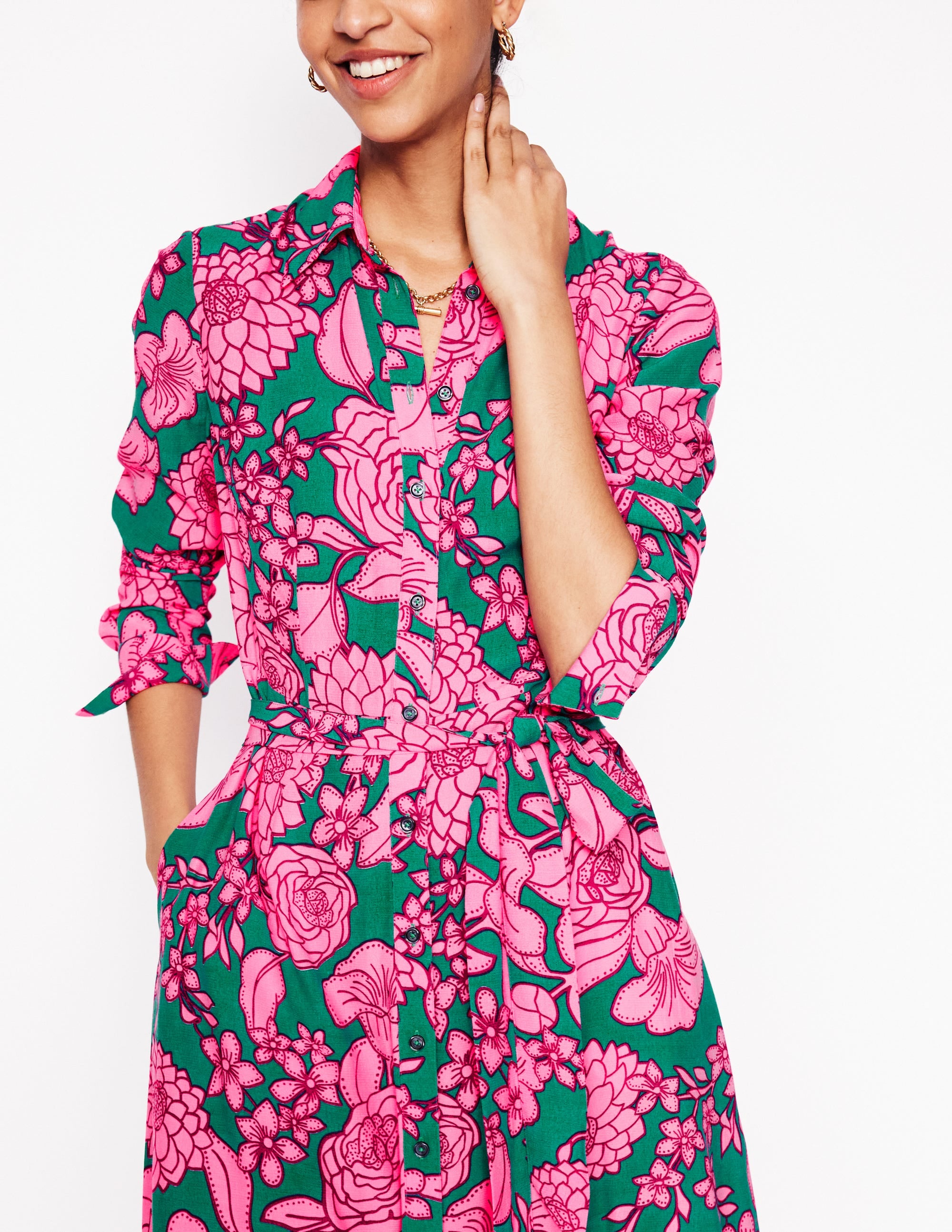 Kate Midi Shirt Dress-Green, Blossom Cascade - Image 2